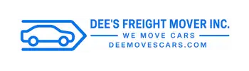 Dee's Freight Mover Inc. logo featuring a blue outline of a car inside a right-pointing arrow, with the slogan 'We Move Cars' and website URL DeeMovesCars.com